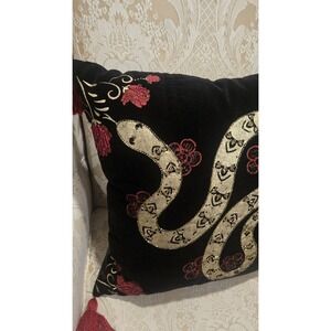 EnVogue Velvet Pillow Gold Beaded Snake Embroidery Tassels Luxe Boho 20x20 EUC
